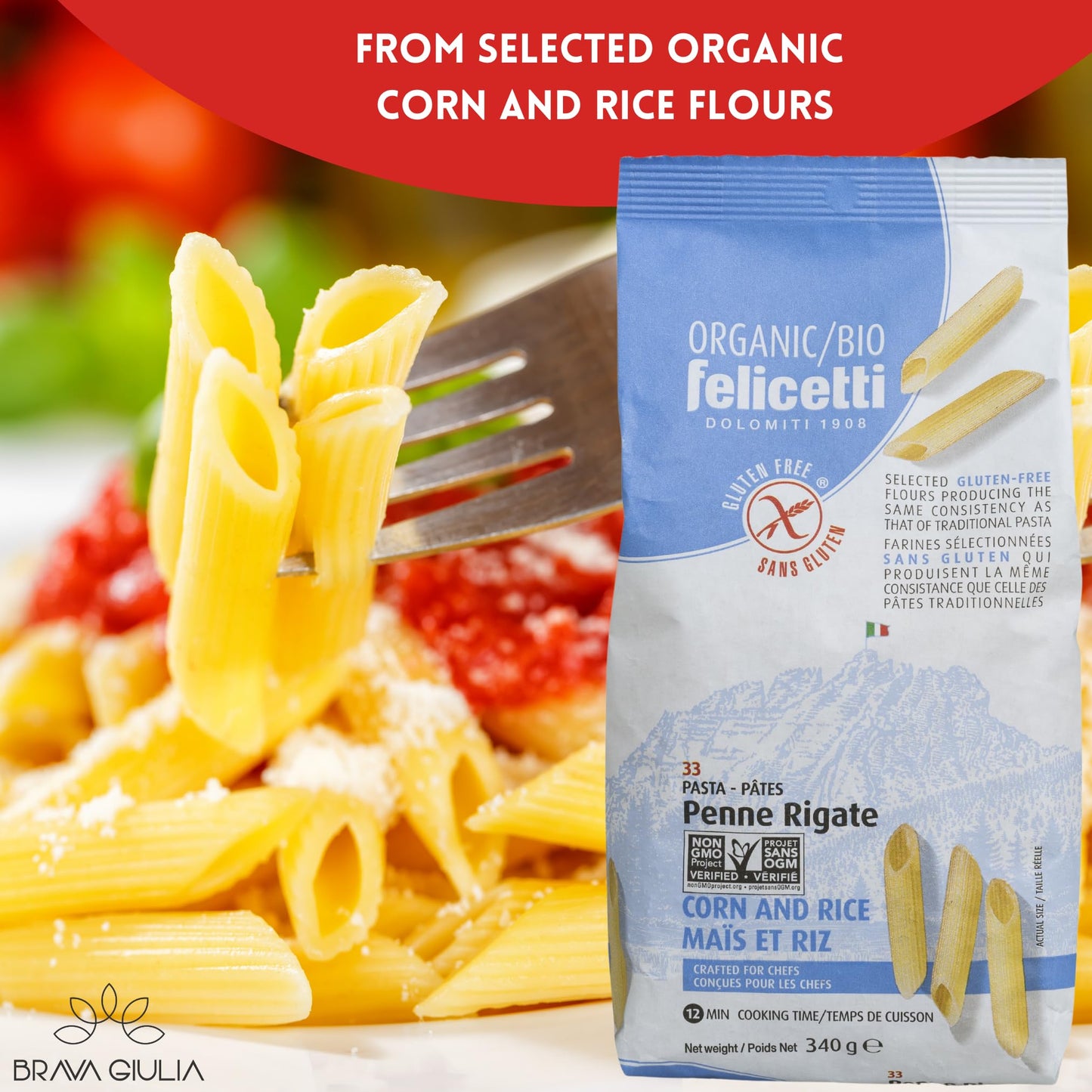 Brava Guilia Gluten Free Dinner Gift Box and Dessert Kit With Organic Pasta, Olive Oil, Tomato Sauce and Cookies all made in Italy