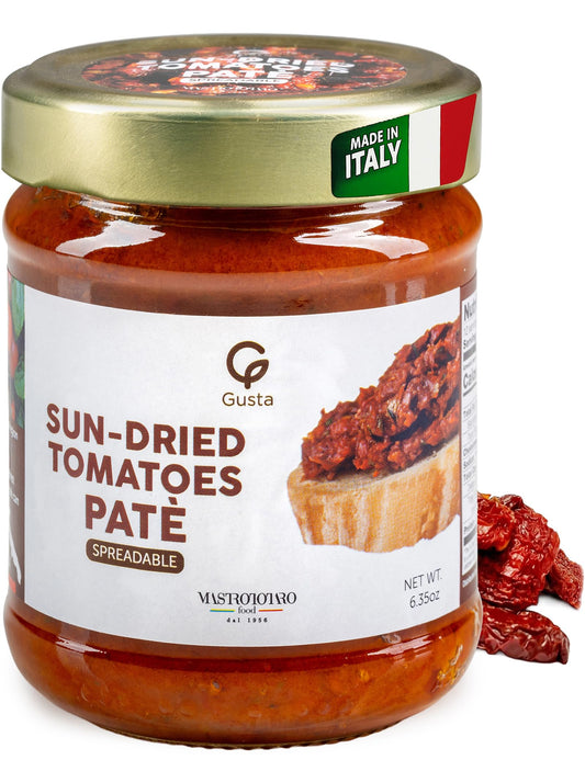 Gusta Sun-Dried Tomato Pate - Made in Italy Dip or Spread - Paste of Sundried Tomatoes in Jar with Extra Virgin Olive Oil - Non-GMO, All Natural - Perfect for Tomato Pesto - 6.35oz Glass Jar