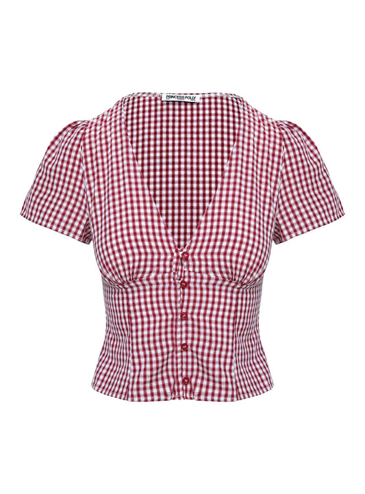 Princess Polly Isolda Red Gingham Check Puff Sleeve Top
