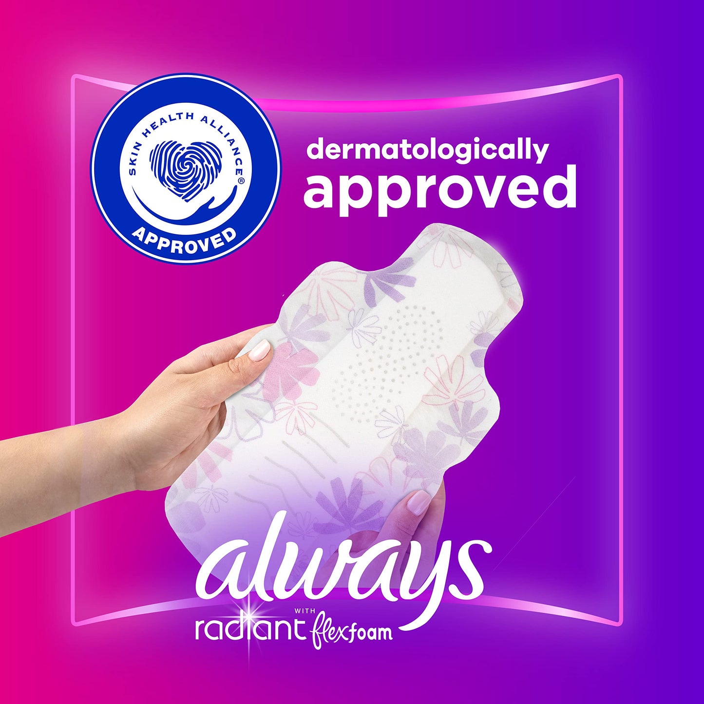 Always Radiant Feminine Pads for Women, Flexfoam Pads with Wings, Size 2, Heavy Absorbency, Lightly Scented, 36 Count