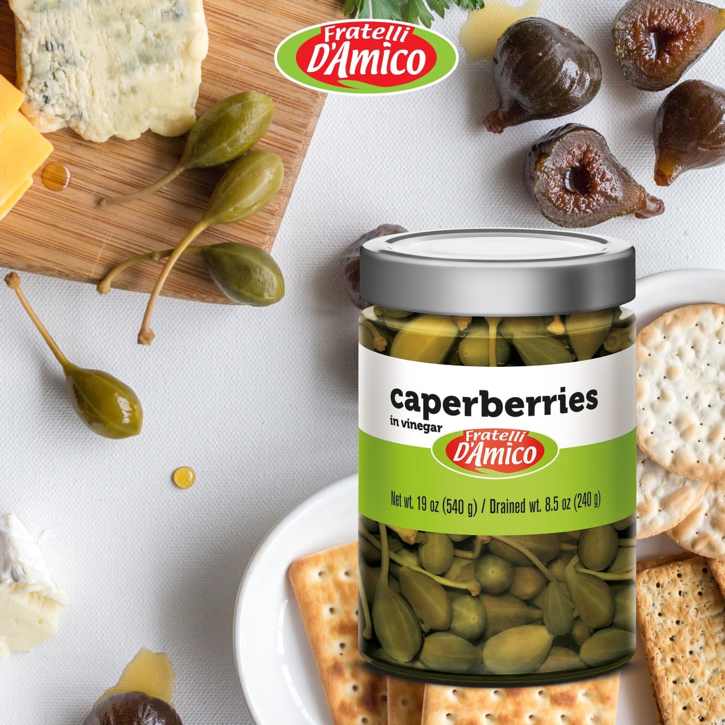 FRATELLI D'AMICO - Caperberries, Premium Qulaity, First Selection, Pickled, Capers, Family Size, 19oz (540g), NON-GMO