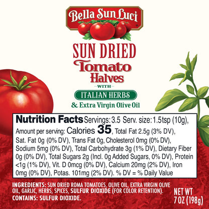 Bella Sun Luci Sun Dried Tomatoes Halves with Italian Herbs and Extra Virgin Olive Oil, Mediterranean Italian Style Sun-Ripened Tomatoes, Kosher, Vegan, Gluten-Free, Premium Ingredient for Pasta, Pizza & Salads