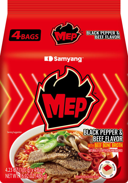 Samyang MEP Black Pepper Beef Ramen Spicy Korean Instant Noodle Soup ENHYPEN Pick Rich Bone Broth Quick Microwave Meal 3.88 oz (Pack of 4)