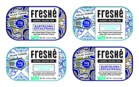 Freshé Canned Salmon Variety Pack (4 Pack) - Mediterranean Style Atlantic Salmon in Olive Oil with Lemon - Sustainably Farmed Tinned Fish (4.25oz Cans)