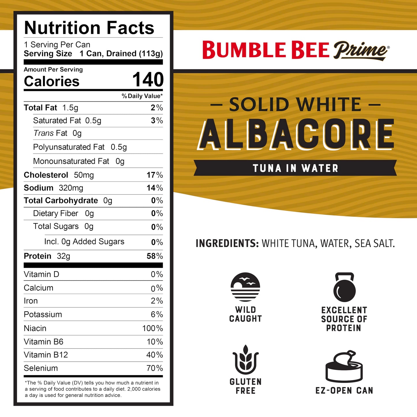 Bumble Bee Prime Solid White Albacore Tuna in Water, 5 oz Easy Open Cans (Pack of 4) - Premium Wild Caught Tuna - 32g Protein per Serving - Non-GMO Project Verified, Gluten Free, Kosher