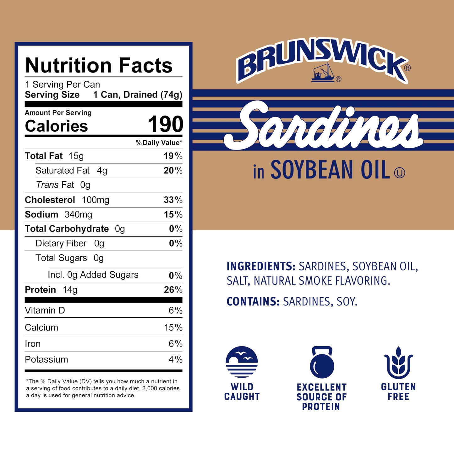 Brunswick Wild Caught Sardines in Soybean Oil, 3.75 oz Can (Pack of 12) - 14g Protein per Serving - Gluten Free, Keto Friendly, Kosher