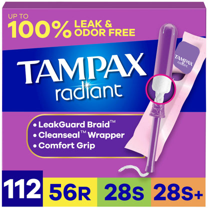 Tampax Radiant Tampons for Women Multipack, with LeakGuard Braid, Regular/Super/Super Plus Absorbency, Unscented, 112 Count (4 Packs of 28)