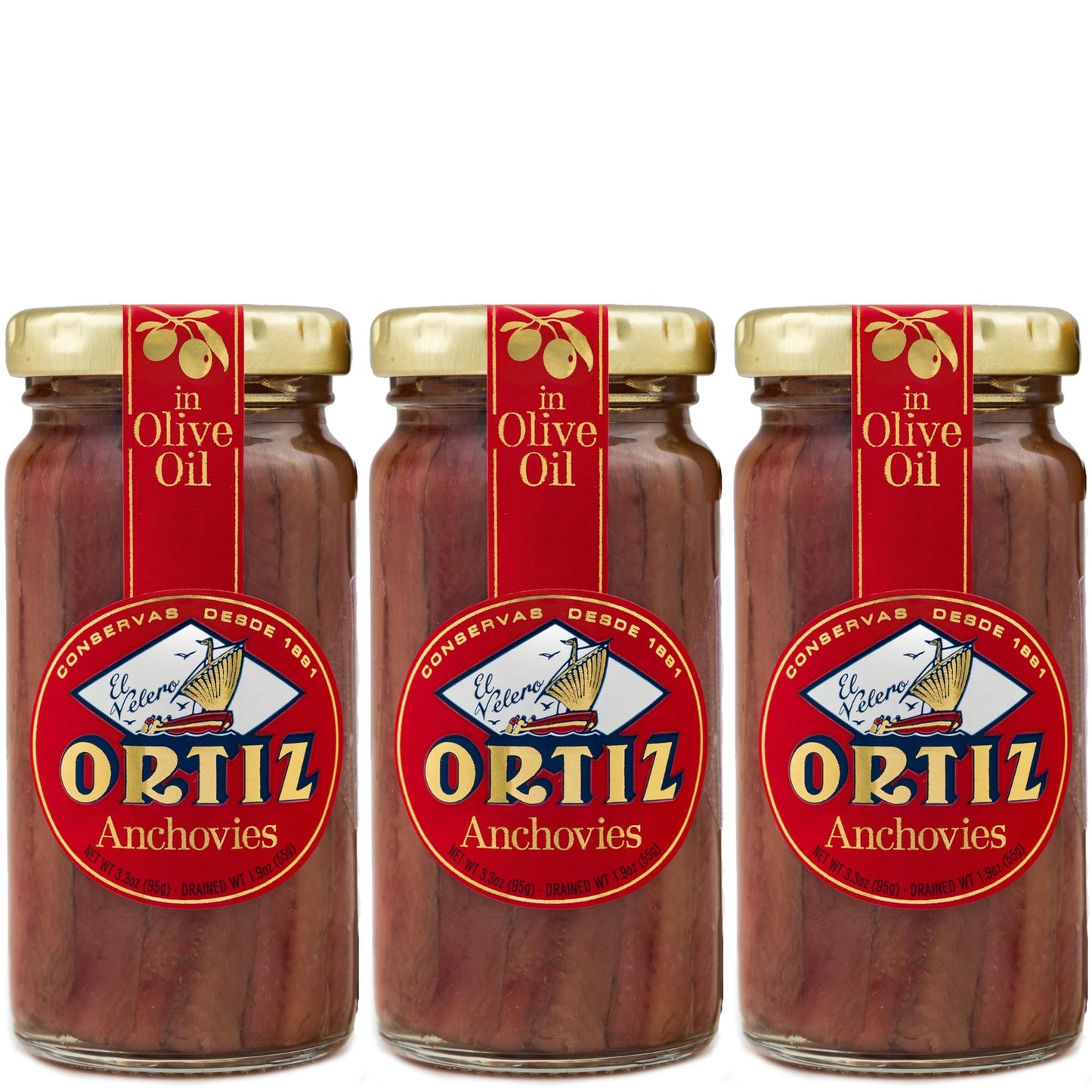 Ortiz Anchovies in Extra Virgin Olive Oil, Firm Buttery Fillets with a Rich Umami Taste, Wild Caught in Spain, Great for Pizza, Pasta and Caeser Salad, 3.3oz Glass Jar (Pack of 3)