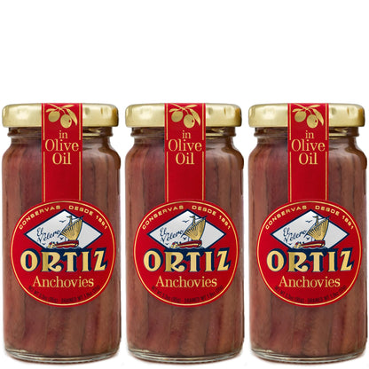 Ortiz Anchovies in Extra Virgin Olive Oil, Firm Buttery Fillets with a Rich Umami Taste, Wild Caught in Spain, Great for Pizza, Pasta and Caeser Salad, 3.3oz Glass Jar (Pack of 3)