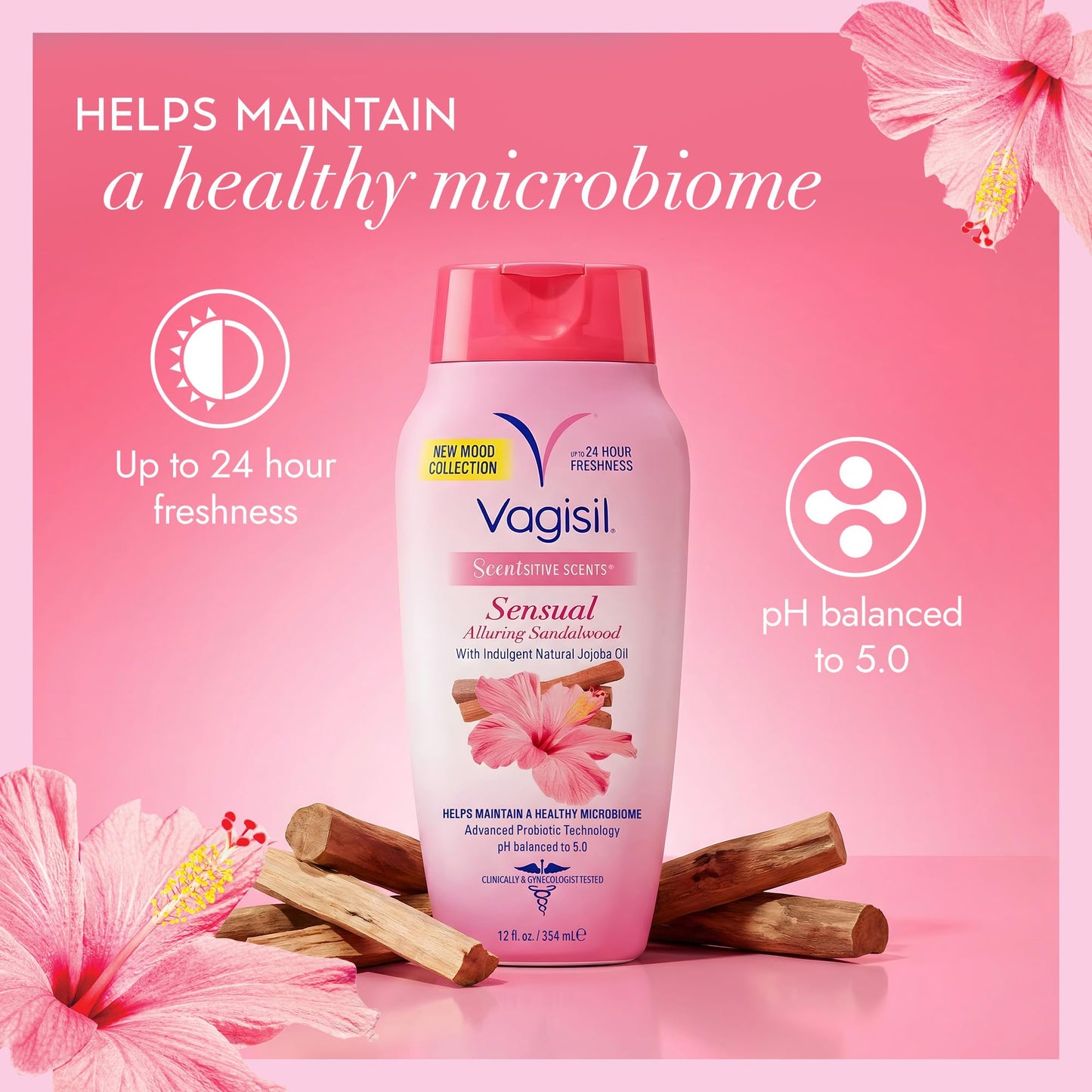 Vagisil Feminine Wash for Intimate Area Hygiene, Scentsitive Scents® Sensual Mood Alluring Sandalwood, pH Balanced and Gynecologist Tested, 12 oz (Pack of 1)