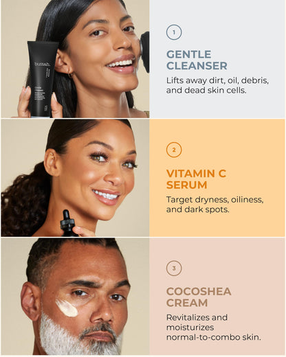 Buttah Skin Transforming Kit for Melanin Rich Skin | CocoShea Revitalizing Cream 2 oz | Vitamin C Serum 1 oz | Buttah Cleanser 3.4 oz | Black Owned Skincare