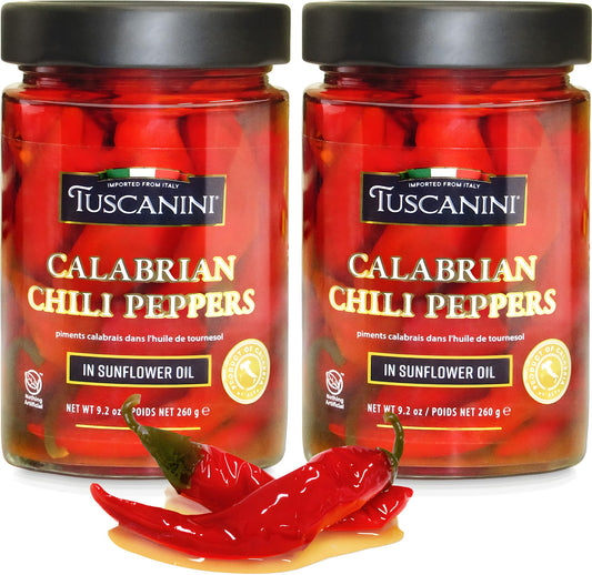 Tuscanini Italian Whole Calabrian Chili Peppers In Oil, 9.2oz (2 Pack) | Beautifully Red and Long Peppers | Nothing Artificial | Product of Italy | Kosher