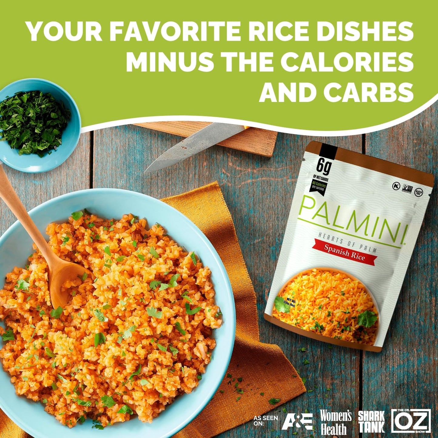 Palmini Spanish Rice | Low-Carb, Low-Calorie Hearts of Palm Rice | Keto, Gluten Free, Vegan, Non-GMO | As seen on Shark Tank | (8 Ounce Pouch - Pack of 6)