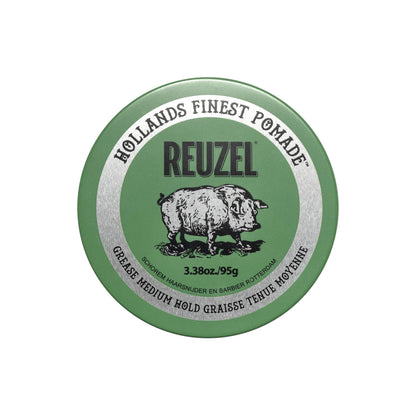 REUZEL Green Grease Pomade, Medium All Day Hold, Oil-Based Styling Wax, Medium Shine, Easy To Wash Out, For All Hair Types