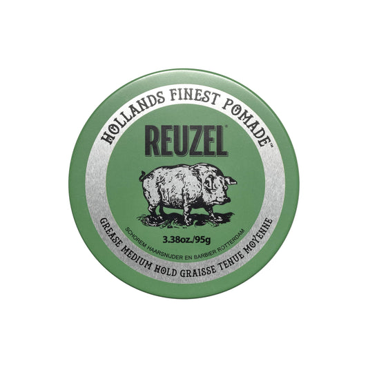 REUZEL Green Grease Pomade, Medium All Day Hold, Oil-Based Styling Wax, Medium Shine, Easy To Wash Out, For All Hair Types