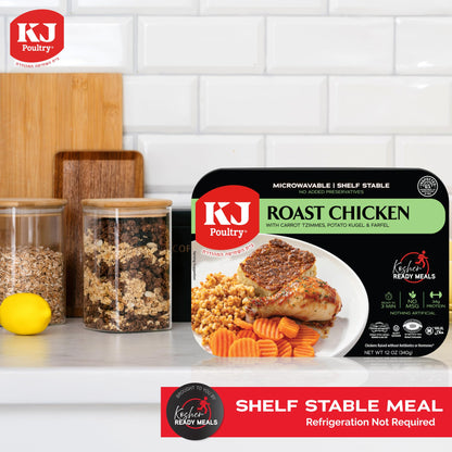 KJ Poultry Kosher Ready Meals - Bone In Chicken & Kugel, MRE Meat Meals Ready to Eat, Shabbos Food, Halal, (1 Pack) Prepared Entree Fully Cooked, Shelf Stable Microwave Dinner Travel Military Camping