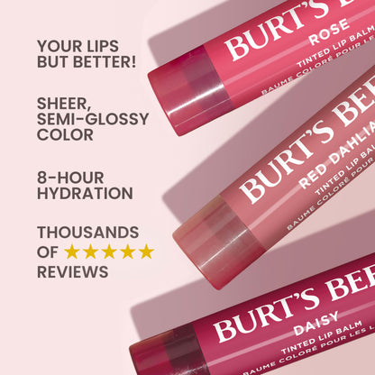 Burt’s Bees Tinted Lip Balm Value Pack Includes 3 Lip Balms: Red Dahlia, Daisy and Rose; 8 Hour Moisture; Provides a Hint of Color; Nourishing Shea Butter; 100% Natural Origin; 3 Tubes; 3x0.15 Oz.