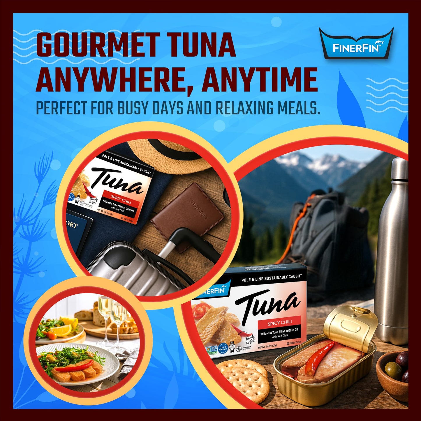 FinerFin Yellowfin Tuna Fillets in Organic Olive Oil | Spicy Chili Flavor | Premium Canned Tuna Fish with EVOO | Gourmet Ready-to-Eat Pole & Line Caught Fillets | 4.4oz can - 12 Pack