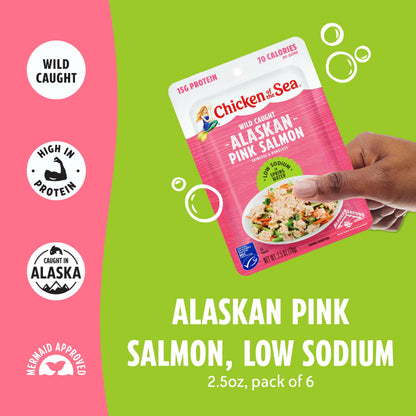 Chicken of the Sea Alaskan Pink Salmon in Water with 25% Less Sodium, 2.5 Ounce Salmon Packet, 6-Count – High Protein Skinless, Boneless Wild Caught Salmon – Easy, Nutritious Ready to Eat Meals.
