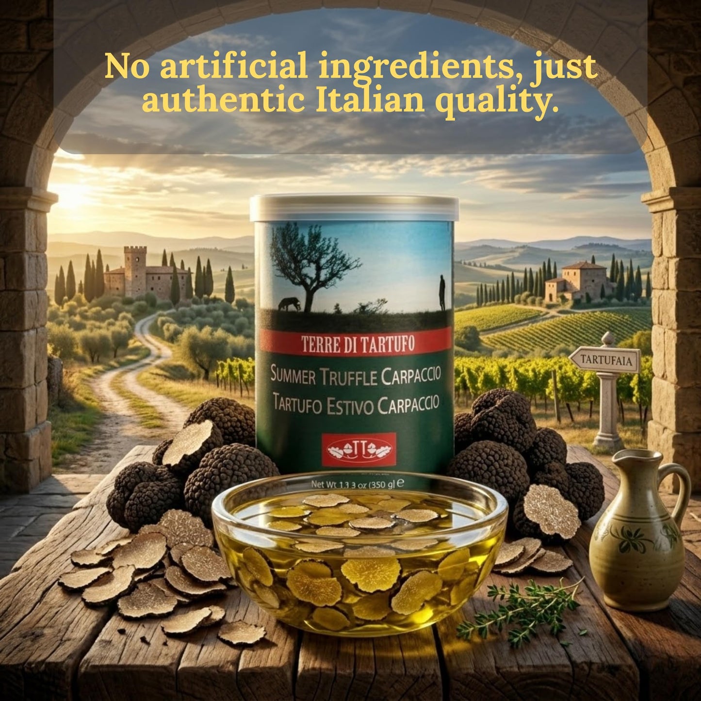 Terre di Tartufo Summer Truffle Carpaccio – Italian Black Summer Truffle Slices in Oil – Gourmet Ready-to-Use Truffle Garnish – Perfect for Pasta, Eggs & Risotto – 12.3oz (350g)