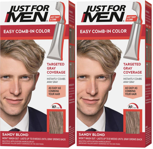 Just For Men Easy Comb-In Color Mens Hair Dye,Easy No Mix Application with Comb Applicator - Sandy Blond,A-10,(Pack of 2)