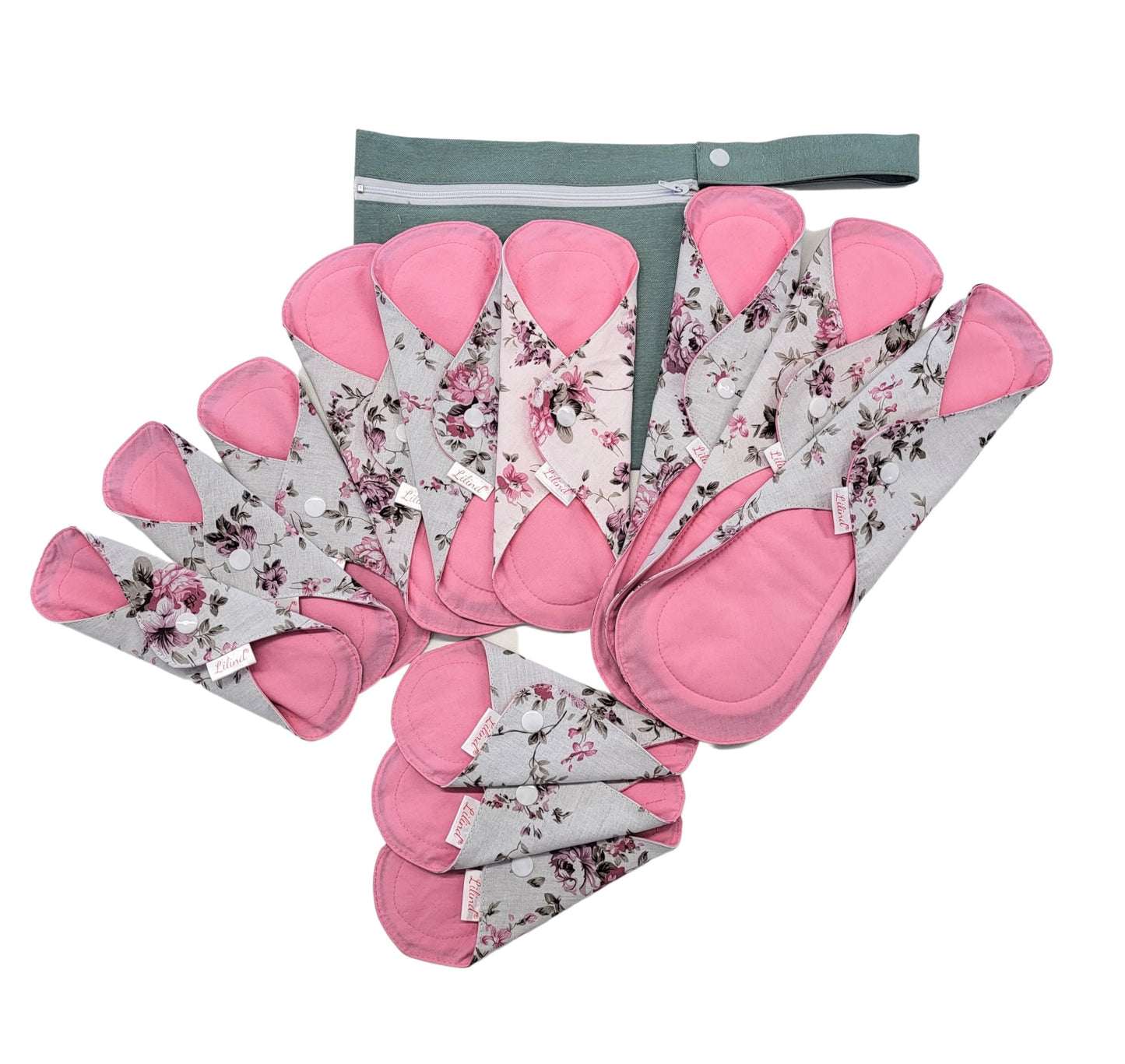Lilind® 12 Pack Organic Cloth Pads on Vintage Flowers with Wet Bag, Jumbo Starter Set, Reusable Washable Menstrual Sanitary Napkins, Waterproof Family Cloth, Zero Waste 100% Cotton