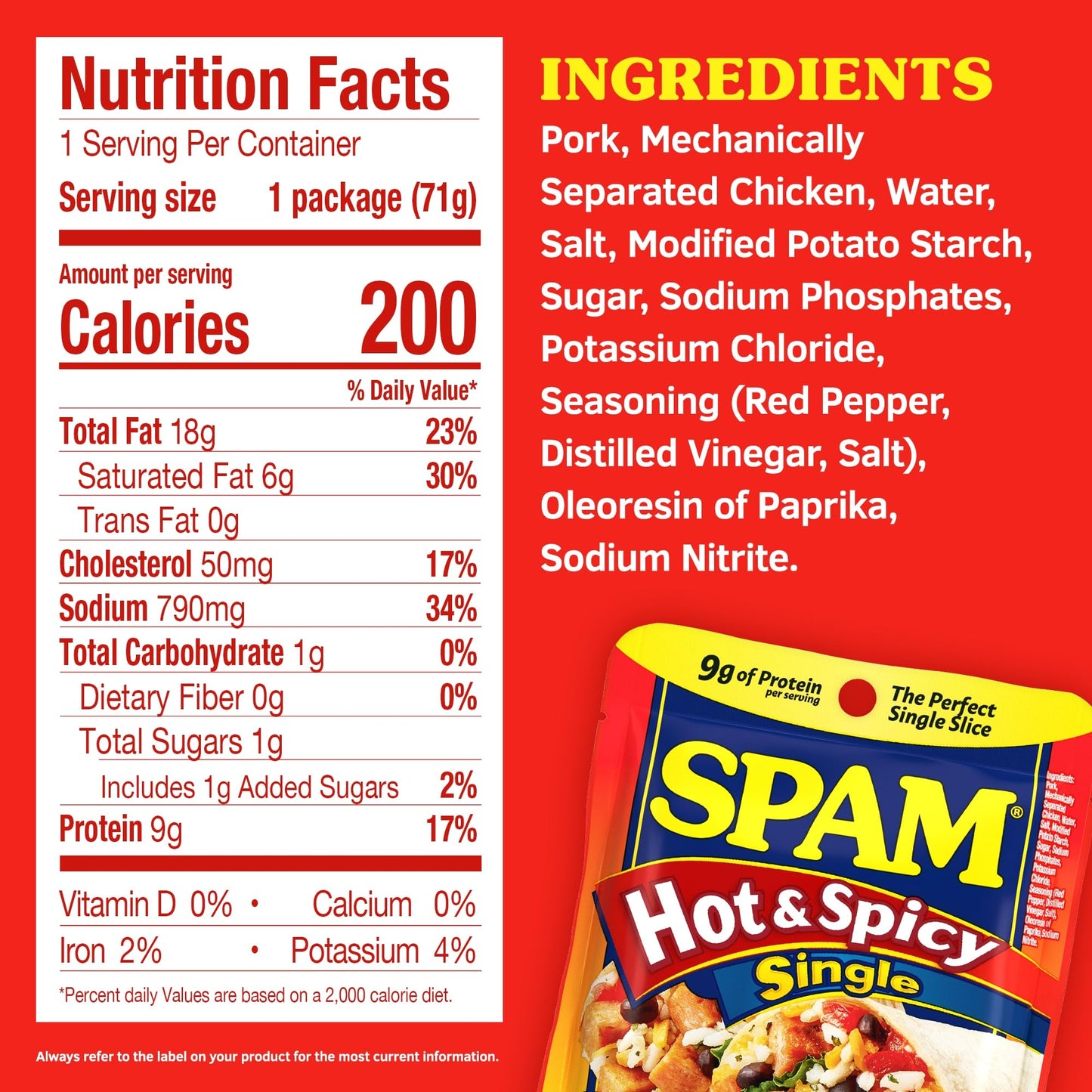 SPAM Single Hot & Spicy 2.5oz Individual Pouch (Pack of 12) Fully Cooked Pork and Ham, 9g of Protein, 0g Trans Fat, Low Carb, Keto-Friendly, Gluten Free, Easy Open, Perfect for Sandwiches & Breakfast