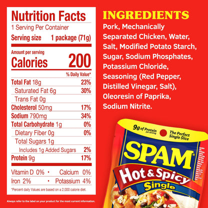 SPAM Single Hot & Spicy 2.5oz Individual Pouch (Pack of 12) Fully Cooked Pork and Ham, 9g of Protein, 0g Trans Fat, Low Carb, Keto-Friendly, Gluten Free, Easy Open, Perfect for Sandwiches & Breakfast