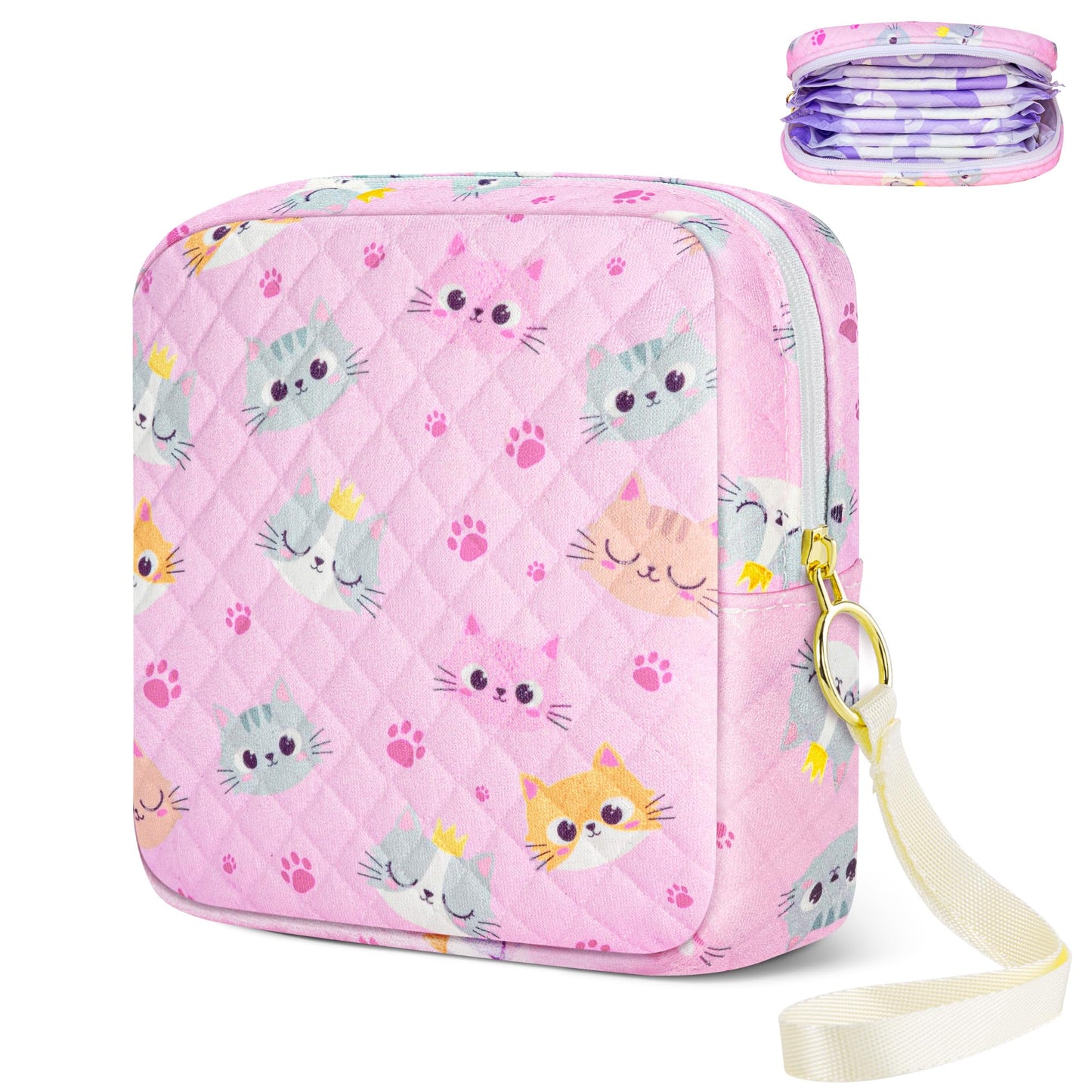 Tampon Holder for Purse, Quilted Period Bag Sanitary Napkin Storage Bag for Girls Womens, Portable Feminine Emergency Pad Period Pouch(Pink Cat)