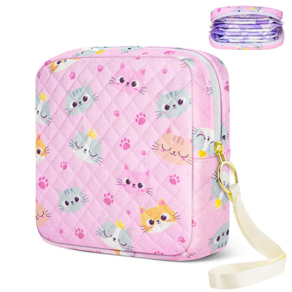 Tampon Holder for Purse, Quilted Period Bag Sanitary Napkin Storage Bag for Girls Womens, Portable Feminine Emergency Pad Period Pouch(Pink Cat)