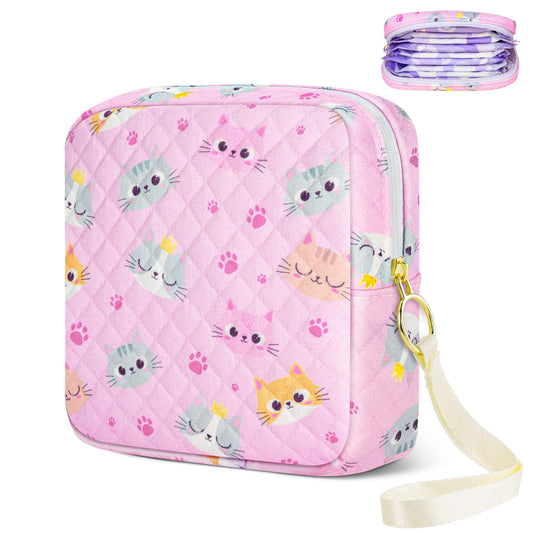 Tampon Holder for Purse, Quilted Period Bag Sanitary Napkin Storage Bag for Girls Womens, Portable Feminine Emergency Pad Period Pouch(Pink Cat)