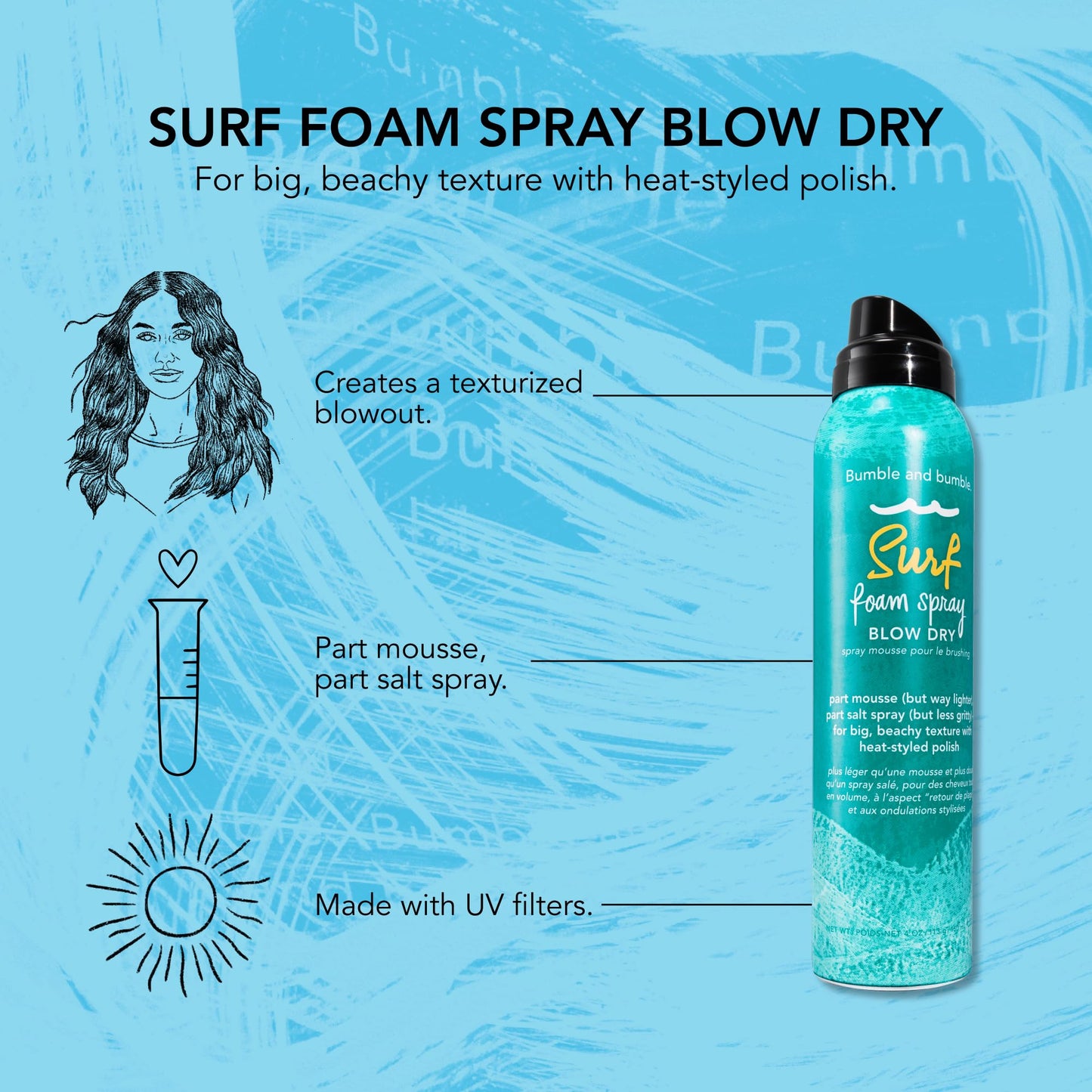Bumble and bumble. Surf Foam Spray Blow Dry Hair Lightweight Volume Mousse | Adds Beachy Texture + Hold | UV Protection| For Fine to Medium Wavy, Straight Hair Types, 4 Ounce