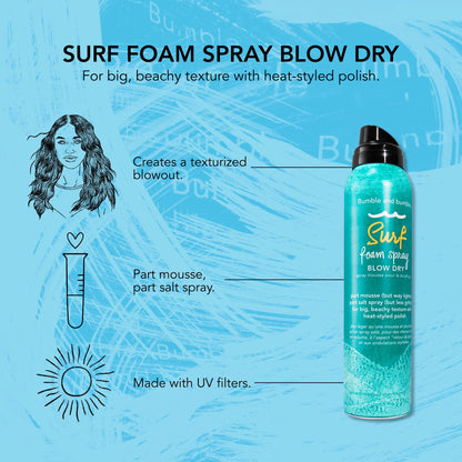 Bumble and bumble. Surf Foam Spray Blow Dry Hair Lightweight Volume Mousse | Adds Beachy Texture + Hold | UV Protection| For Fine to Medium Wavy, Straight Hair Types, 4 Ounce
