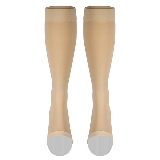 NuVein Medical Compression Stockings, 20-30 mmHg Support for Women & Men, Knee Length, Open Toe, Beige, Medium (short length)