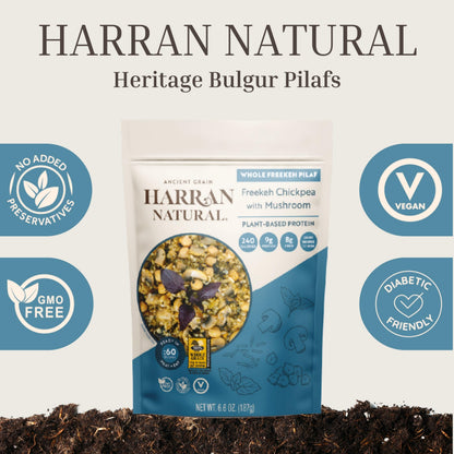 Harran Natural Whole Freekeh Pilaf, Chickpea & Mushroom, Ready to Eat Healthy Superfood Meal, Non-GMO, No Preservatives, Vegan, Plant-Based Protein, 6.6 oz