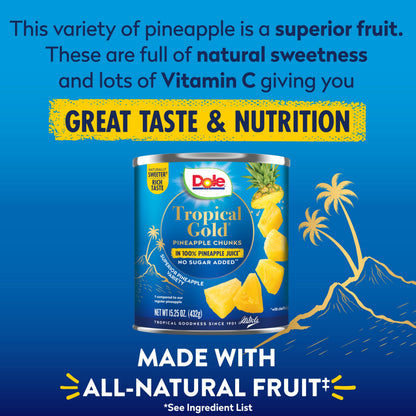 Dole Canned Fruit, Tropical Gold Pineapple Chunks in 100% Pineapple Juice, Gluten Free, Pantry Staples, No Sugar Added, 15.25 Oz, 12 Count