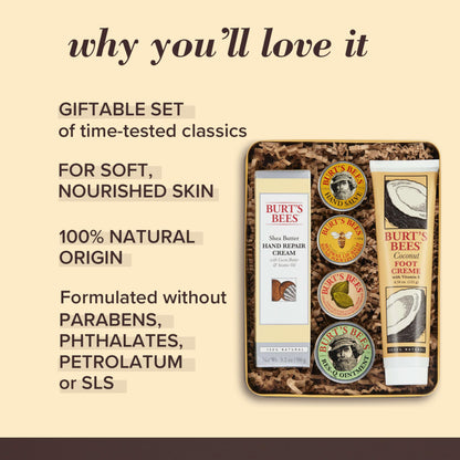 Burt's Bees Gifts Ideas - Classics Set, 6 Products in Giftable Tin – Cuticle Cream, Hand Salve, Lip Balm, Res-Q Ointment, Hand Repair and Foot Cream