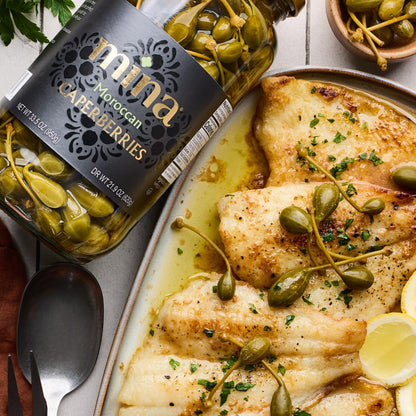 Mina Caperberries 33.5 oz, Premium Caper Berries with Stems, Perfect Mediterranean Seasoning or Garnish, Made with Caperberries, Vinegar, Water, and Sea Salt, Non-GMO, Vegan, Gluten-Free, Keto, Paleo