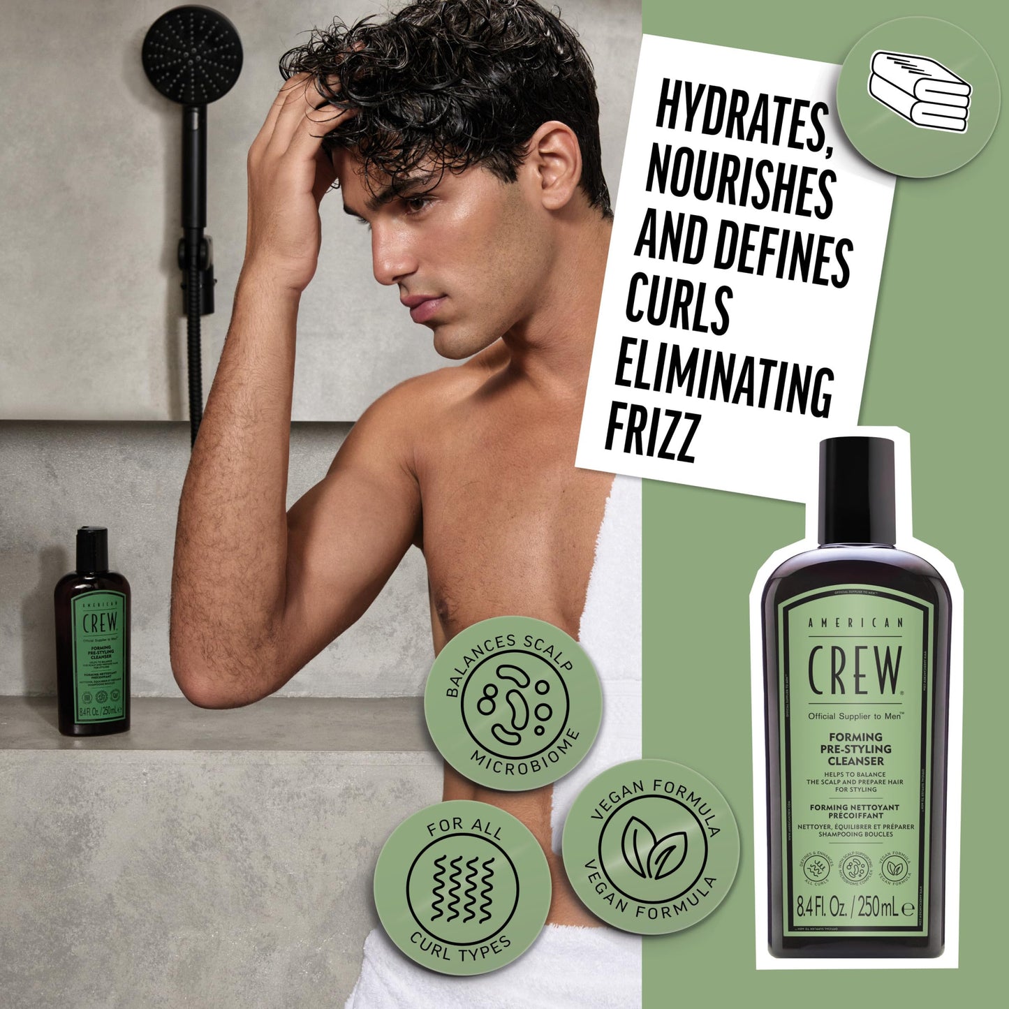 AMERICAN CREW Men's Pre-Styler Forming Shampoo for Textured & Curly Hair, Anti-Frizz & Curl Defining, With Jojoba Oil, Vegan, 8.5 fl oz