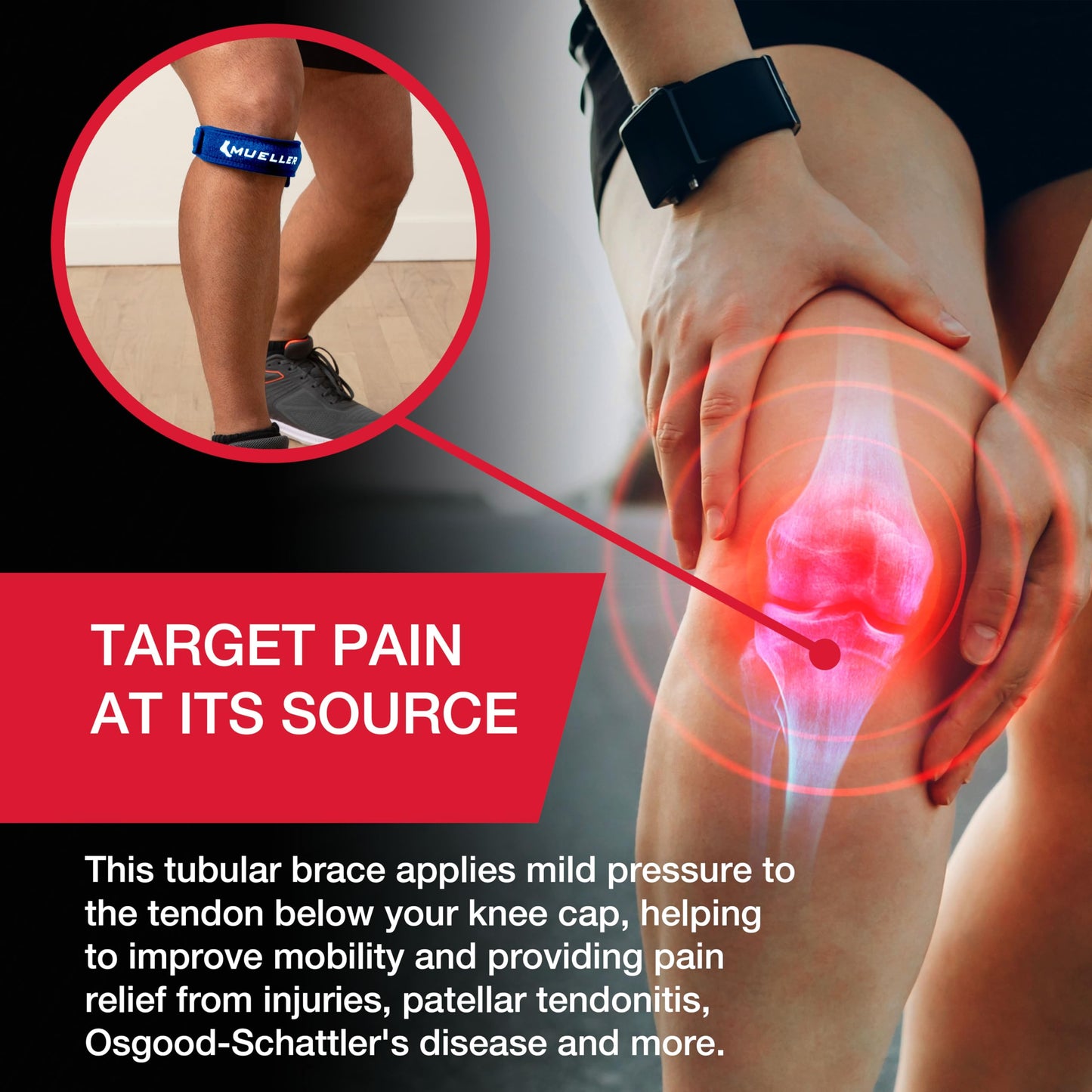 MUELLER Sports Medicine Jumper's Knee Single Strap for Men and Women, Knee Compression and Pain Relief Support, Ideal for Osgood-Schlatter's, Patellar Tendinitis, One Size