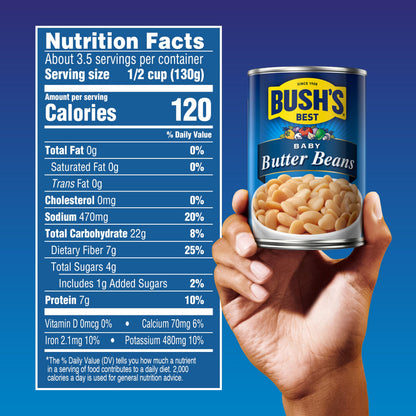 BUSH'S BEST 16 oz Canned Baby Butter Beans, Source of Plant Based Protein and Fiber, Low Fat, Gluten Free, (Pack of 12)
