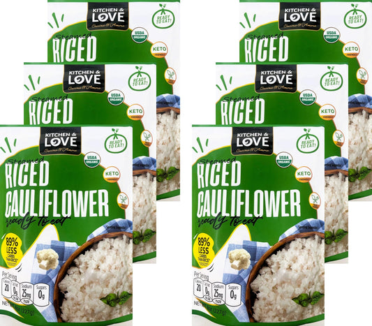Kitchen & Love Organic Riced Cauliflower 8 oz (6 Pack) | Low Carb, Low Calorie, Healthy Rice Alternative, Vegan, Gluten Free, Ready to Eat & Microwaveable, Dairy Free, Shelf Stable