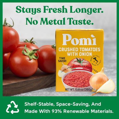 Pomì Crushed Tomatoes with Onion 13.8oz (Pack of 12) - Creamy, Velvety Italian Tomato Sauce No Salt Added, No Additives or Preservatives - BPA free Tomato Crushed - Made from 100% Fresh Italian Tomatoes