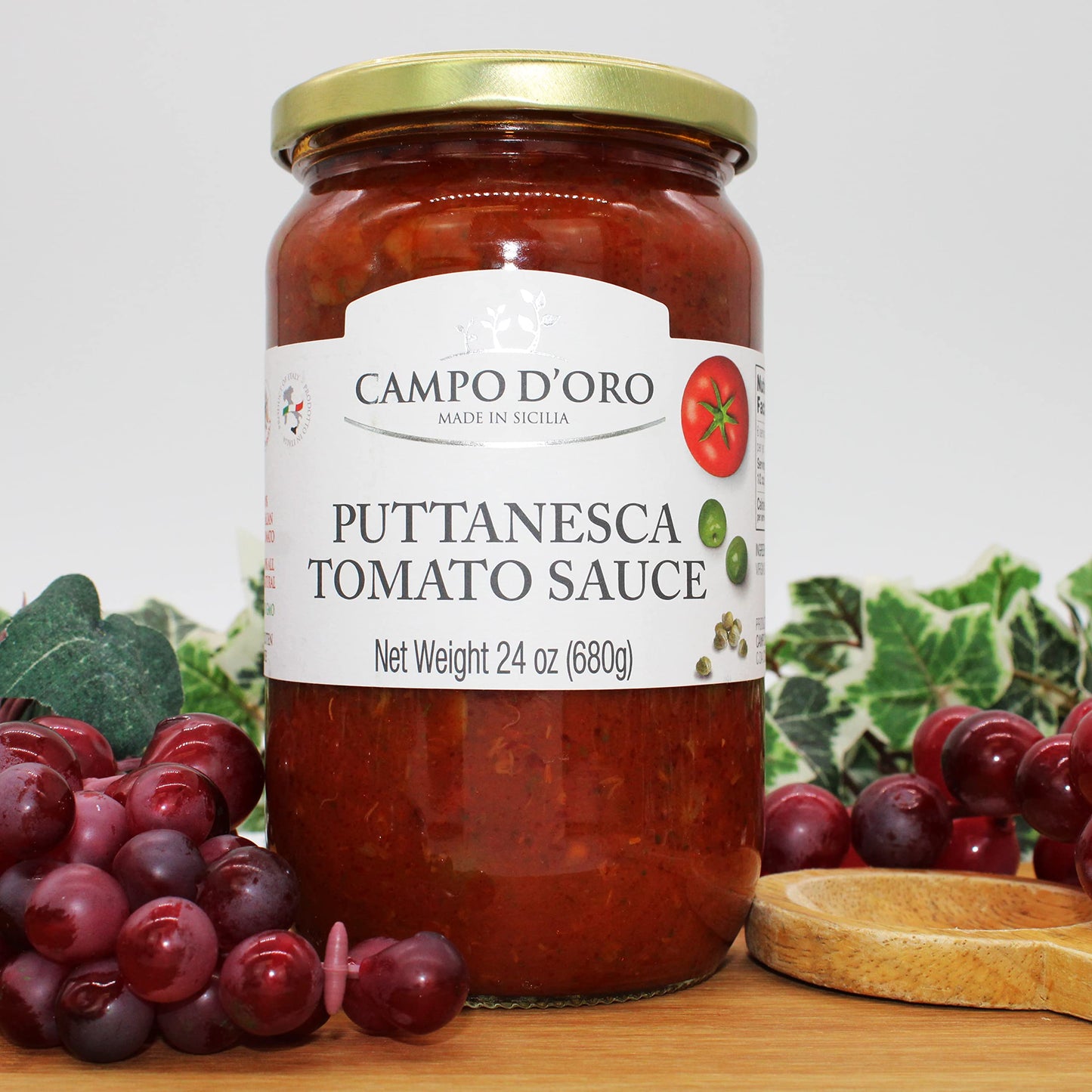 CAMPO D'ORO - Italian Puttanesca Tomato Sauce, 24 oz, Italian Homemade style Pasta Sauce, Spaghetti Sauce from Italy.