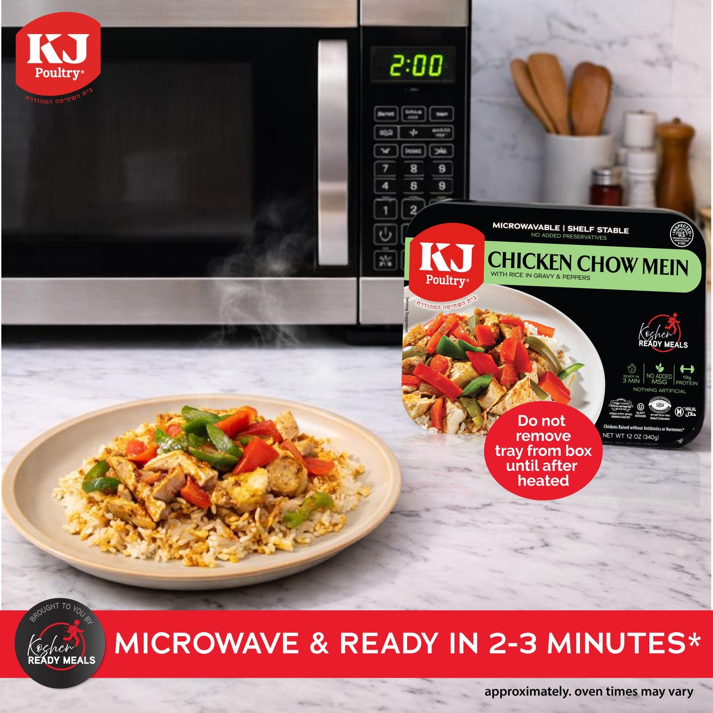 KJ Poultry Kosher Ready Meals - Chicken Chow Mein, MRE Meat Meals Ready to Eat, Gluten Free, Halal, (1 Pack) Prepared Entree Fully Cooked, Shelf Stable Microwave Dinner Travel Military Camping
