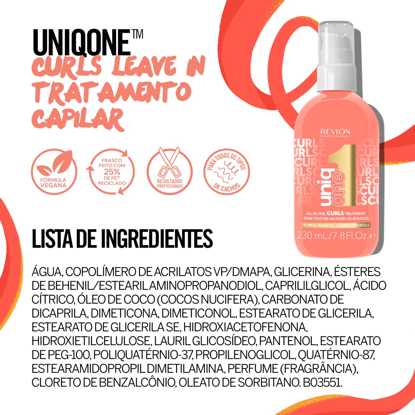 Revlon Professional UniqOne Curls Treatment, 10-in-1 Leave-In for Curly Hair, 96H Frizz Control, Deep Nourishment & Repair, Curl Definition, Heat Protection, Vegan, 7.8 fl oz