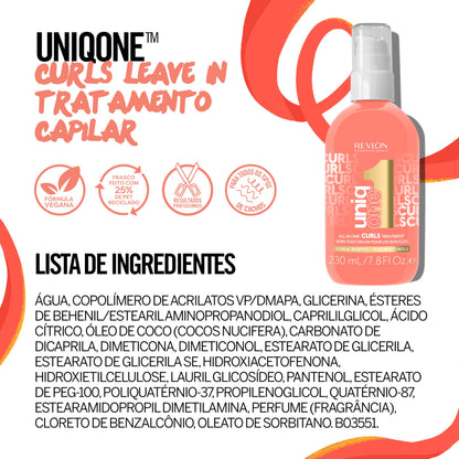 Revlon Professional UniqOne Curls Treatment, 10-in-1 Leave-In for Curly Hair, 96H Frizz Control, Deep Nourishment & Repair, Curl Definition, Heat Protection, Vegan, 7.8 fl oz
