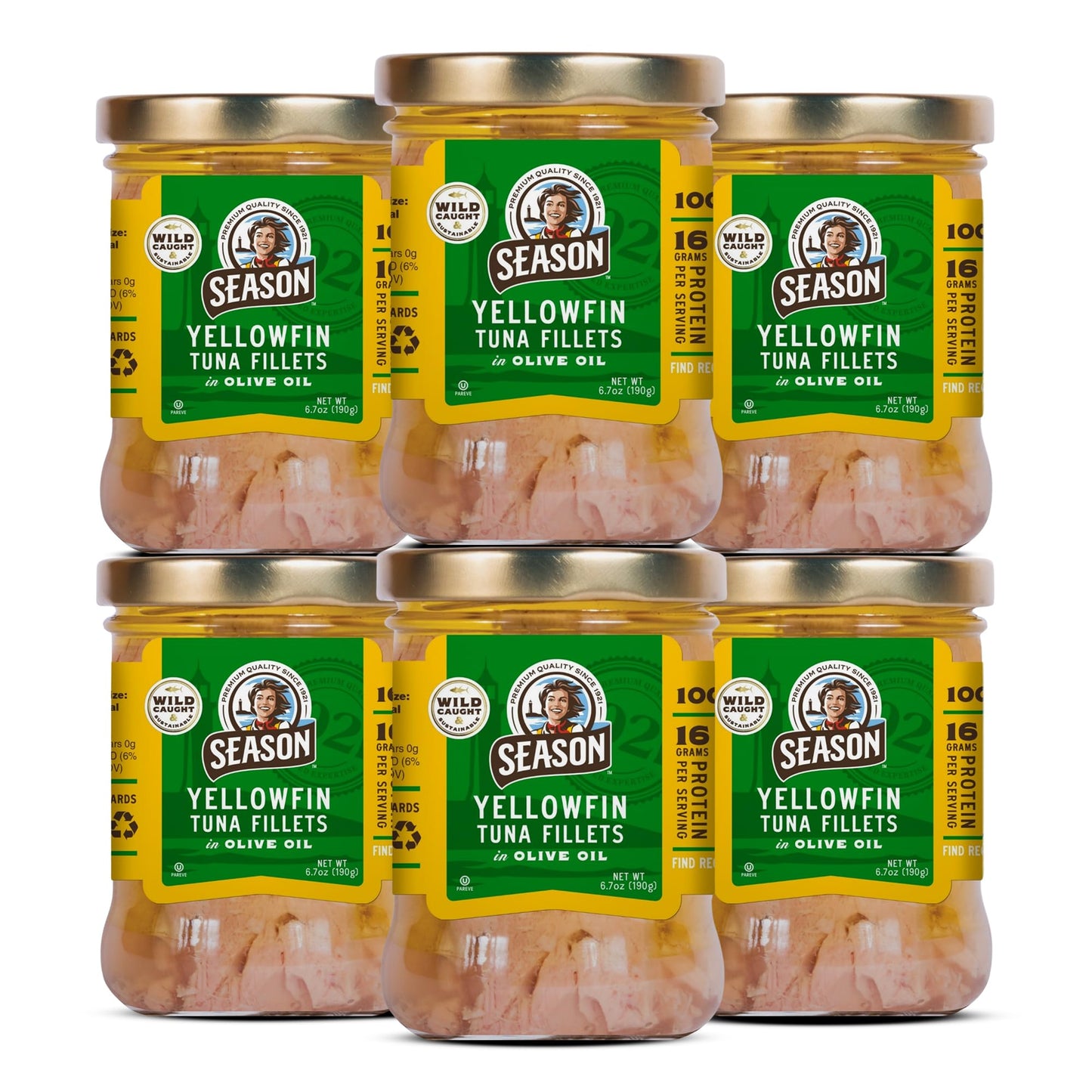 Season Yellowfin Tuna Fillets in Olive Oil - Wild Caught, Hand-Packed in Glass Jars, 16g of Protein per Serving, Premium Quality - 6.7 Oz (Pack of 6)