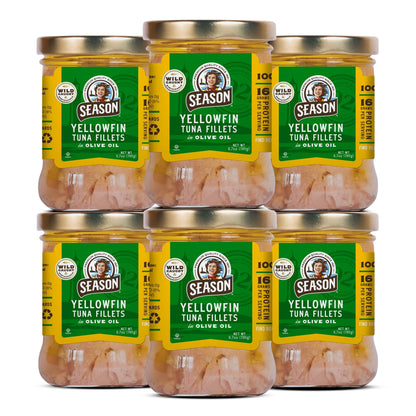 Season Yellowfin Tuna Fillets in Olive Oil - Wild Caught, Hand-Packed in Glass Jars, 16g of Protein per Serving, Premium Quality - 6.7 Oz (Pack of 6)