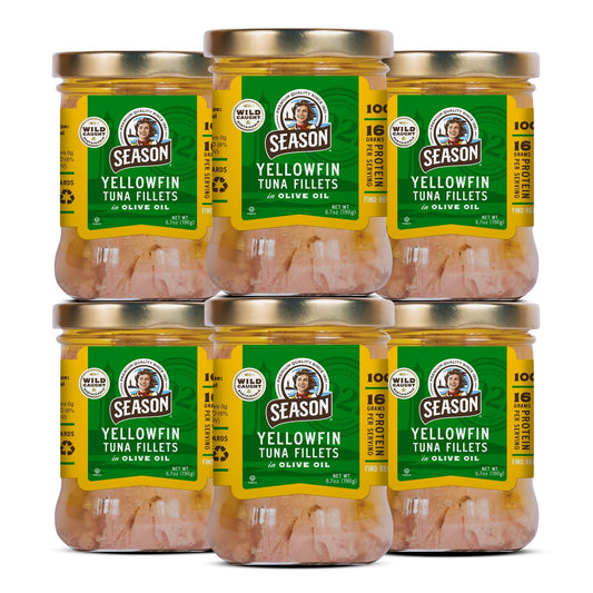 Season Yellowfin Tuna Fillets in Olive Oil - Wild Caught, Hand-Packed in Glass Jars, 16g of Protein per Serving, Premium Quality - 6.7 Oz (Pack of 6)